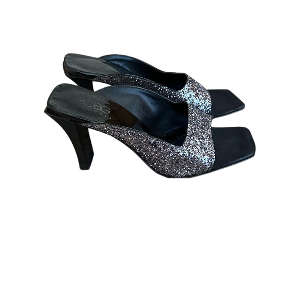 BCBG Maxazria Sparkly Silver and Black Square Toe Slide On Heels Size 7 1/2 - Picture 1 of 4